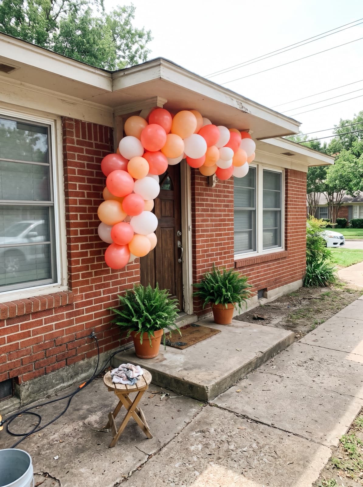 Balloon arch over a front door in coral, peach and white